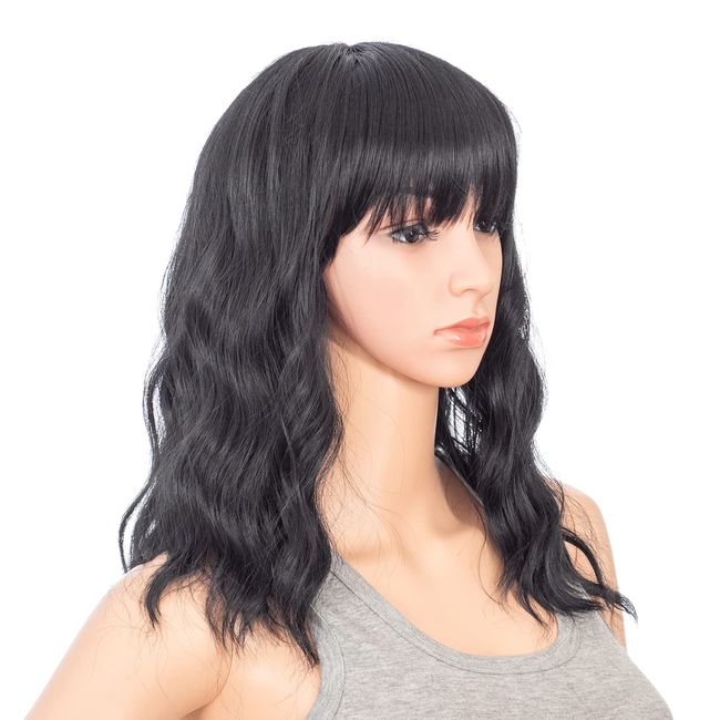 SWACC Short Curly Wavy Bob Wig with Bangs Synthetic Medium Shoulder Length Hair Wig for Women with Wig Cap (Black-1B)