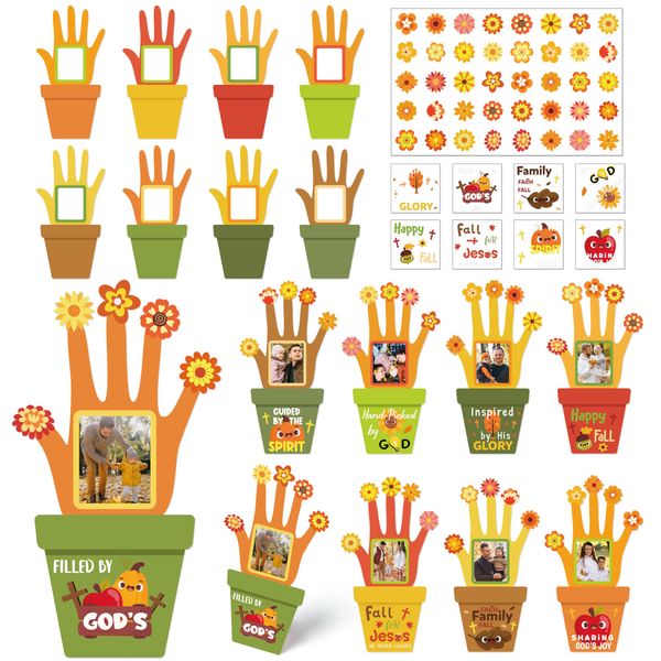 WATINC Finger Flower Frame Craft Kits - 126Pcs DIY Craft Kits for Kids, Make Your Own Finger Flower Pot Frames with Fall Pattern Stickers Decoration, Classroom Party Activities Supplies