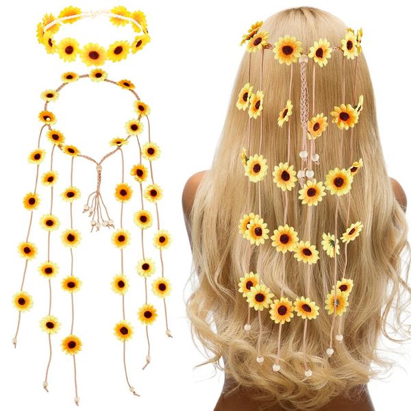 CRASPIRE 2Pcs Sunflower Crown Headbands Flower Boho Crown with Tassel Hippie White Hair Wreath Headbands Adjustable Headpiece Hair Accessories for Women Girls Bridal Prom Wedding Party