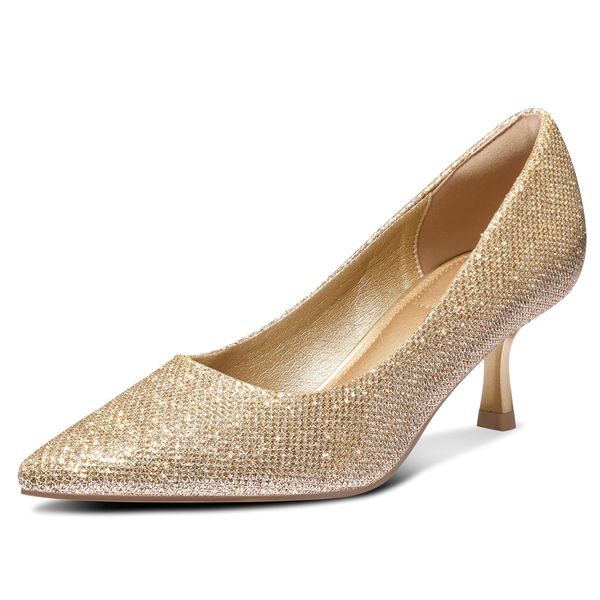 mysoft Women's Pumps 2inch Kitten Heel Pointed Toe Low Heel Dress Shoes Gold