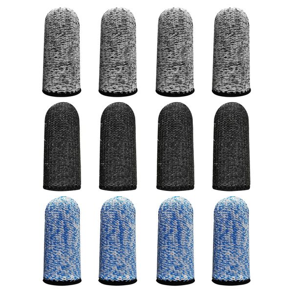 SWYSGS Cut Resistant Finger Cots Finger Sleeve Protectors Reusable Finger Breathable Finger Cots, Black, Blue, Grey (Pack of 12)