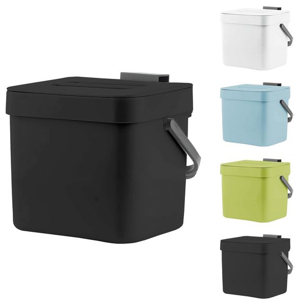 Compost Bin for Kitchen, 1.8 Gallon Hanging Small Trash Can with Lid, Sealed Food Waste Bucket for Counter Top or Under Sink, Indoor Garbage Bins for Bathroom, Bedroom, Living Room, Office (Black)