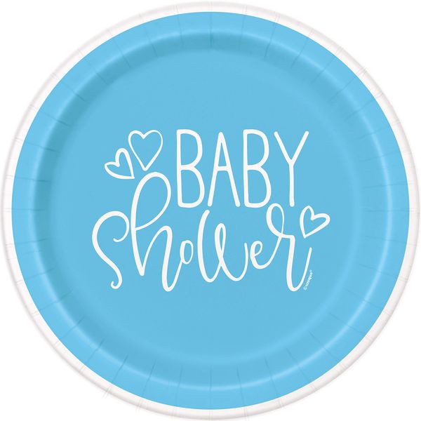 Unique 73385EU Eco-Friendly Paper Plates-23 cm-Blue Hearts Baby Shower-8 Count (Pack of 1), Multicolour