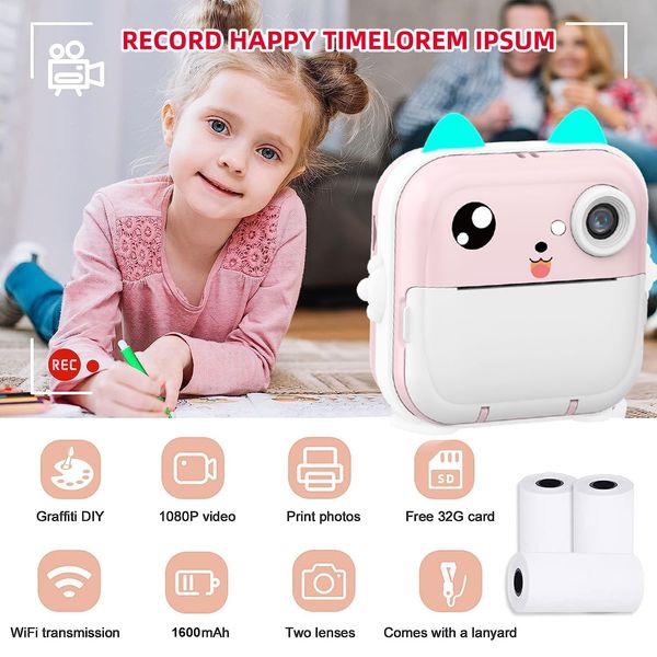 Kids Camera Instant Print, Christmas Birthday Gifts for Kids Age 3-12, Selfie Digital Camera with 1080P Videos,Toddler Portable Travel Camera Toy (Pink)