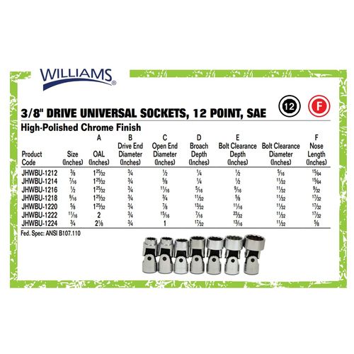 Williams BU-1212 3/8 Drive Universal Socket, 12 Point, 3/8-Inch