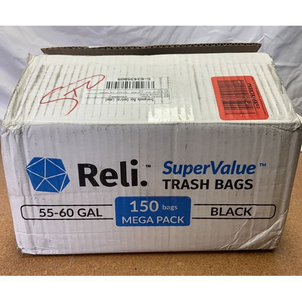 Reli. Easy Grab Trash Bags, 55-60 Gallon (150 Count), Made in USA | Black