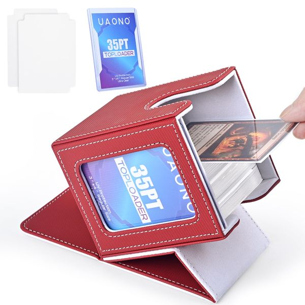 UAONO Card Deck Box with MTG Commander Display, Patented Design Card Deck Case Holds 100+ Double-Sleeved Cards, PU Leather Cards Storage Box For TCG with 2 Dividers, 1 Toploader (Red&White)