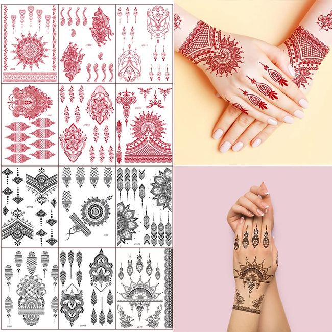 XMASIR 12 Sheets Henna Tattoo Stencils, Glitter Airbrush Hand Temporary  Tattoo Stickers Indian Arabian Self Adhesive Tattoo Templates (12P-1)