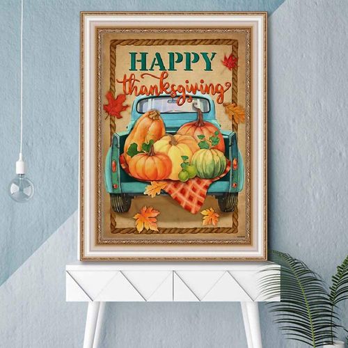YEEIFFD DIY 5D Pumpkin Truck Diamond Painting Kits for Adults Kids Full Round Drill Happy Thanksgiving Diamond Art Painting Gem Art Craft for Home Wall Decor Gift 12x16 inch