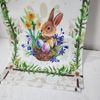 WHOMEAF Easter Cute Rabbit Green Leaves Table Runner Burlap Dinning Decor 13x90"