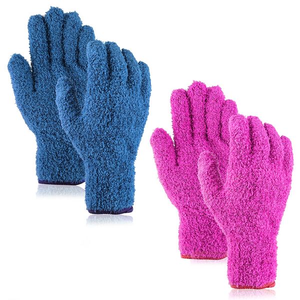 Sibba 4x Microfiber Dusting Cleaning Gloves Mittens Washable Reusable House Cleaning Kitchen Dust Removal Mitts Blinds Mirrors Furniture Garden Car Hard to Reach Corners Gap (Blue&Rose Red)