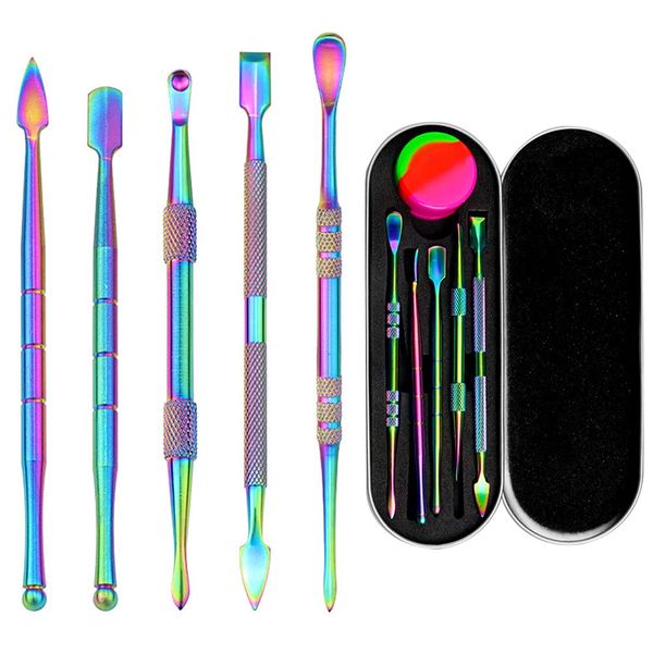 6 Pieces Wax Carving Tool Set, Double-Ended Carving Tool Stainless Steel Wax Sculpting Tools with 5ml Silicone Container Jar and Portable Metal Case for Wax Oil Clay Pottery, Rainbow Color