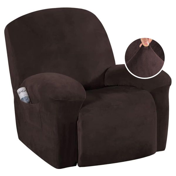 H.VERSAILTEX Velvet Plush Slip Covers for Recliners with Arms 1-Piece Stretch Recliner Chair Covers Furniture Protector Couch Soft with Elastic Bottom Anti-Slip(Recliner, Brown)