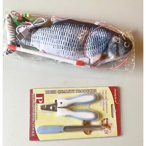 Colorful Fish & Pole Wand Cat Toy + Pet Nail Scissors Clipper & Nail File BNIP