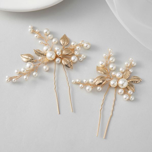 SWEETV 2Pcs Bridal Hair Accessories Pearl Bride Wedding Hair Pins Leaf Bridal Head Piece Rhinestones Hair Jewelry Gold Hair Accessories for Women and Girls