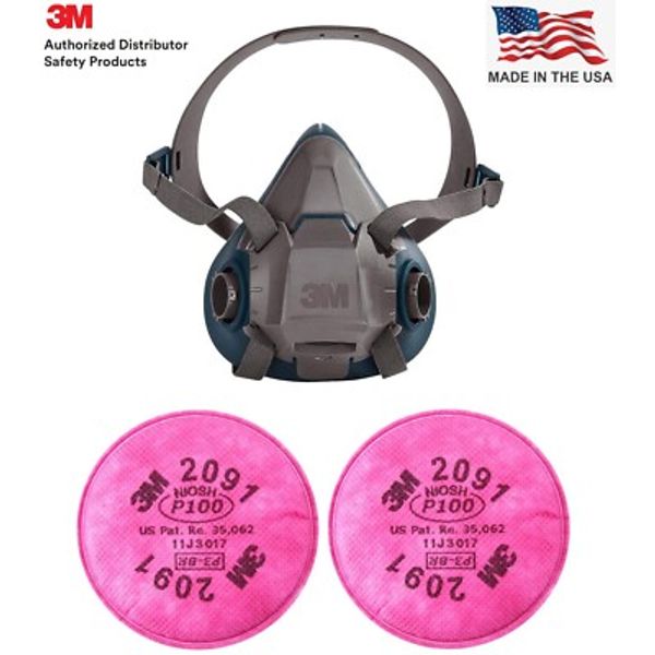 3M HALF FACE RESPIRATOR FACEPIECE MASK & 2- 2091 P100 PARTICULATE FILTER MEDIUM
