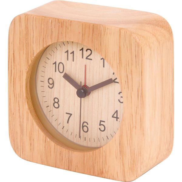 Fuji Boeki 36696 Table Clock, Alarm Clock, Analog, Width 4.0 inches (10.2 cm), Natural Wood, Quiet, Alarm Included, Light, Tabletop, Square, Wood