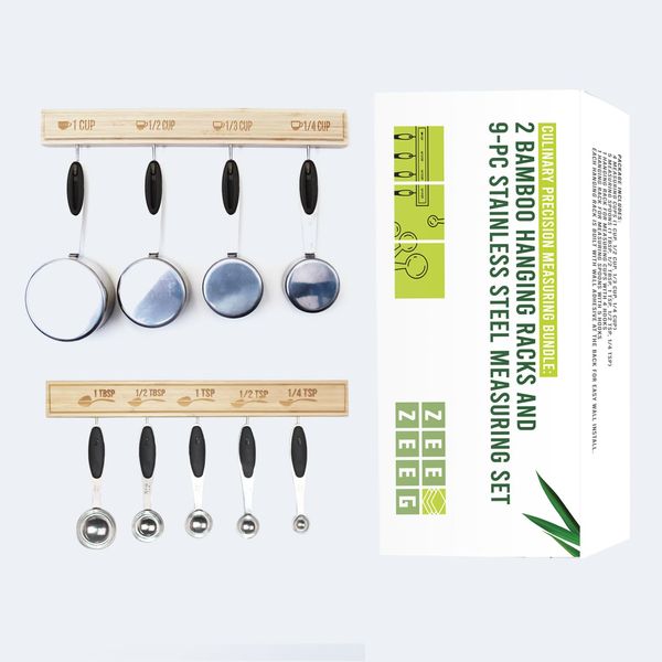 ZEEZEEG Premium Culinary Precision Bundle: Includes Two 100% Natural Bamboo Hanging Rack Organizer and 9-pc Stainless Steel Measuring Cups and Spoons Set