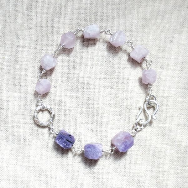 Kunzite Charoite Rough Cut Raw Stone Silver Bracelet