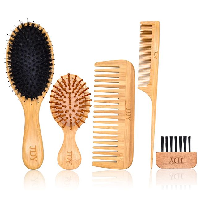 JDY Brush 4 Pieces Bamboo Hair Brush Set Boar Bristle Hair Brushes Wide Tooth &Tail Comb for Family Members with Curly Wavy Thick Short Long Hair for Smoothing Frizz, Detangling,Scalp Massaging