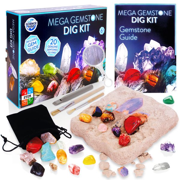 Science Kidz Mega Gemstone Dig Kit - 20 Real Life Gems & Crystals - Gemstones Excavation Kits For Kids - Gem Stones Digging Kit Set - Dig For Gems, Stones, Crystals & Rocks