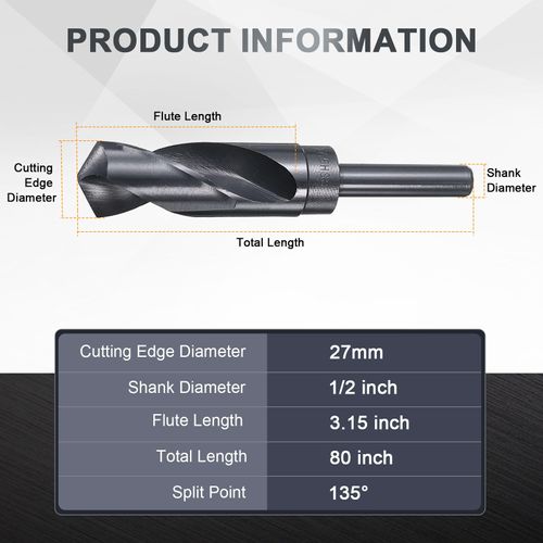 uxcell 27mm Drill Bit 1/2" Reduced Shank 4341 High-Speed Twist HSS Nitriding Black 135° for Light-Duty Soft Metal Aluminum Alloy Wood Plastic