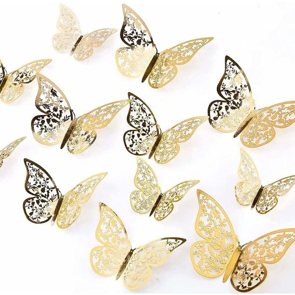 AIEX 24pcs 3D Butterfly Wall Stickers 3 Sizes Butterfly Wall Decals Room (Gold)