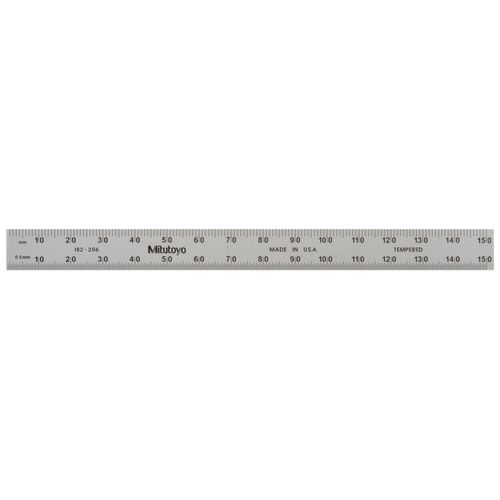 Mitutoyo 182-206, Steel Rule, 6"/150mm, (1/50", 1/100", 1mm, 1/2mm), 1/64" Thick X 1/2" Wide, Satin Chrome Finish Tempered Stainless Steel