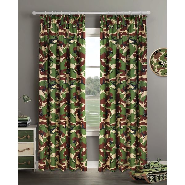 Velosso Camouflage Army Curtains Matching Bedding Set (Green, 66"x72" Pencil Pleat)