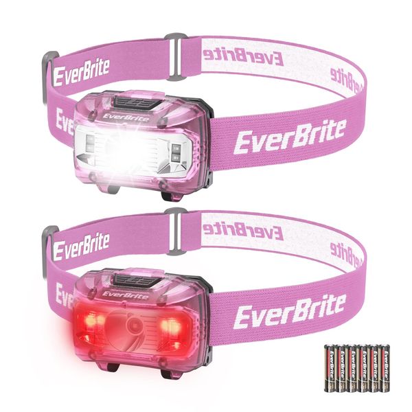 EverBrite Head Torch Battery Powered, Super Bright LED Lightweight Headlamp with 5 Lighting Modes, Headlight for Kids and Adults Camping, Running, Cycling, Fishing, Hiking, Reading (2 Pack, Pink)