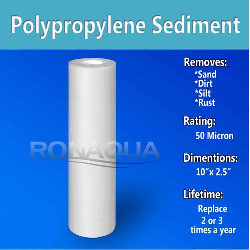 50 Micron Sediment Water Filter Cartridge 10"x 2.5", Four Layers of Filtration, Removes Sand, Dirt, Silt, Rust, Made from Polypropylene for any RO Units or Whole House Water Filtration Systems 6 Pack