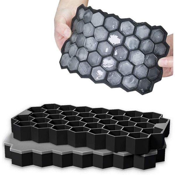 Eiswürfelform Silikon Eiswürfel Form 2er Pack 37-Fach mit Deckel ice cube tray BPA-freie Eiswürfelbehälter für Bier Cocktails Whisky (Schwarz)