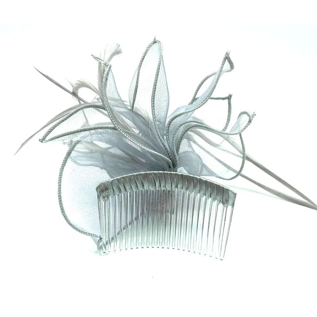 Ladies Mesh Feather Comb Fascinator, Ladies Day, Races, Ascot, Weddings Hair Piece (Silver)