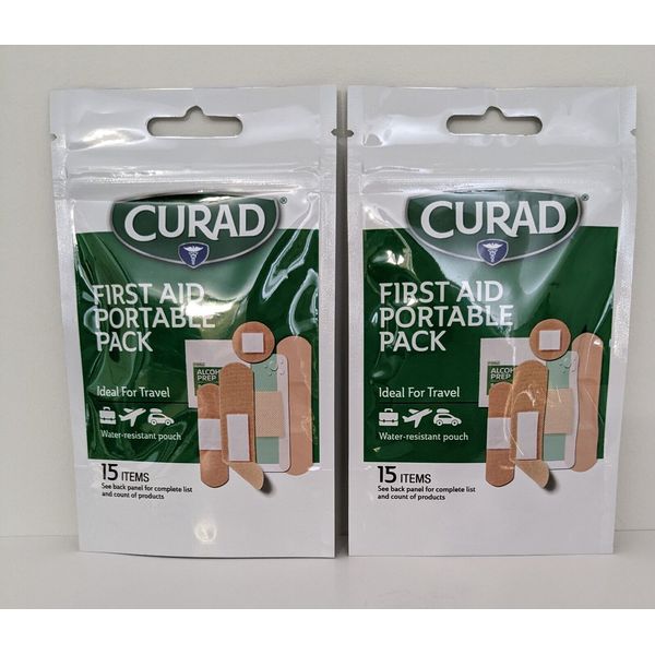 Curad First Aid Portable Pack Ideal For Travel Water Resistant Pouches 2 packs