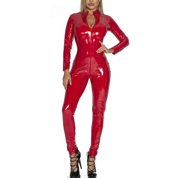 FEOYA- Womens Leather Catsuit Metallic Bodysuit Lingerie Zipper Bust Crotch Leotard Nightclub Pole Dance Costume Queen Clubwear Nightclub Jumpsuit Playsuit ï¼ˆred1-Lï¼‰