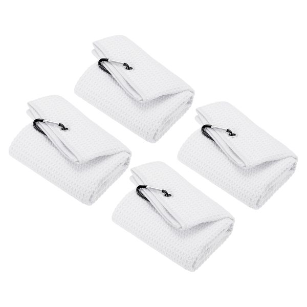 PATIKIL 20"x16" Tri-Fold Golf Towels, 4 Pack Waffle Pattern Towels Soft Fiber Strong Water Absorption with D Clip for Golf Lovers, White