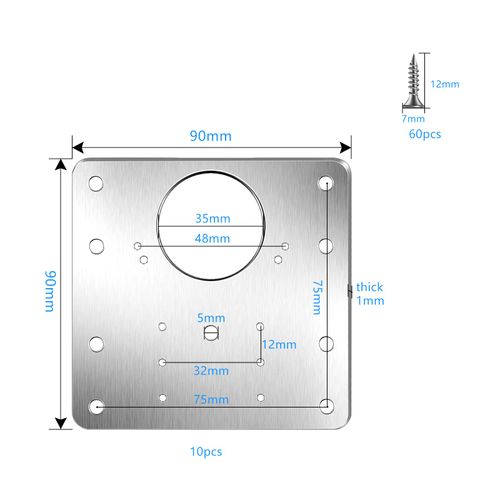 Juliyeh N334 10Pcs Cabinet Hinge Repair Plate Kit Stainless Steel Cupboard Door Hinge Mounting Plate with Holes Flat Fixing Brace Brackets with 60 Pcs Screws, Silver, 90x90x1 mm
