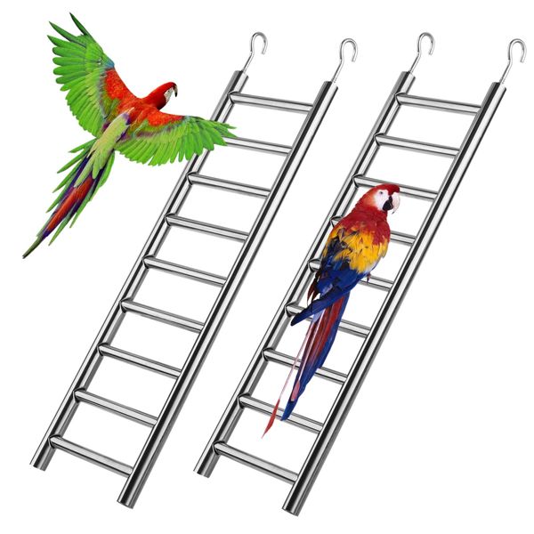 2pcs Parrot Ladders, 9-Step Bird Exercise Toy Play Ladder with Hooks for Cages, Rust-Proof Stainless Steel Climbing Ladder Perch Toy for Parrots Parakeets Cockatoos Lovebirds, Easy to Clean