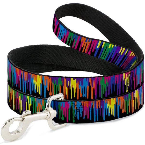 Dog Leash Paint Drips Black Multi Neon 4 Feet Long 0.5 Inch Wide