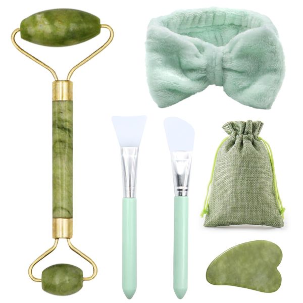 Scettar 6 Stück Jade Gua Sha Stein Set, Natürlicher Jade Massageroller, Gesichtsroller Massagewerkzeug für Augenschwellungen Hautstraffung Face Massager