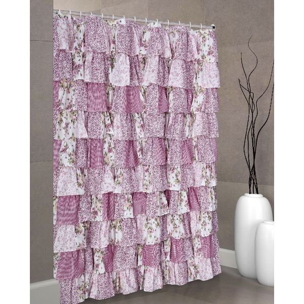 PATCHWORK Ruffle Fabric Shower Curtain  Color LILAC size 72 x72 inch
