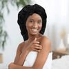 AWAYTR Long Satin Bonnet for Women - Double Layer Elastic Silk Bonnet for Braids Hair Sleeping Cap with Tie Band (Black)