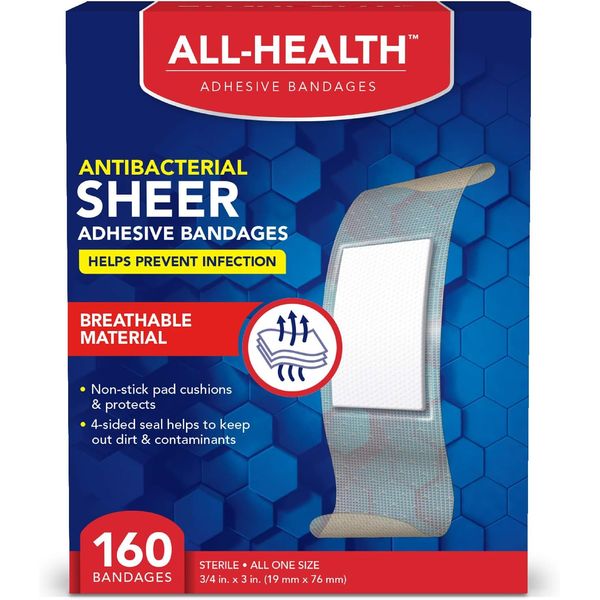 All Health Antibacterial Sheer Adhesive Bandages, 3/4 in x 3 in, 160 ct | Helps