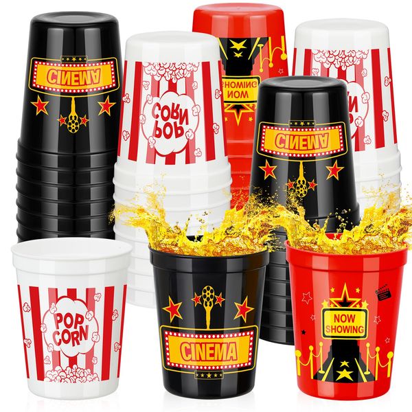 Domensi 24 Pcs Movie Night Cups 16oz Party Favors Supplies Reusable Stadium Cups Plastic Cups for Movie Night Theme Party Birthday Gift Decorations