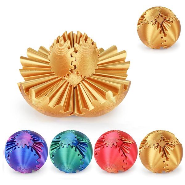 Gear Ball, 3D Printed Gear Ball Spin Ball Fidget Toy, Gear Sphere Fidget Toys, Stress Ball GearSphere Desk Toy for Stress & Anxiety Relief, Fidget Ball Gear Toy for Student Gifts for Kids (Gold)