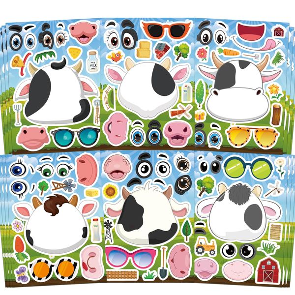 Ozepao Cow Stickers 24 Pcs Make-A-Face Mix and Match Cow Sticker Sheets for Kids Cute Cow Party Favors and Crafts