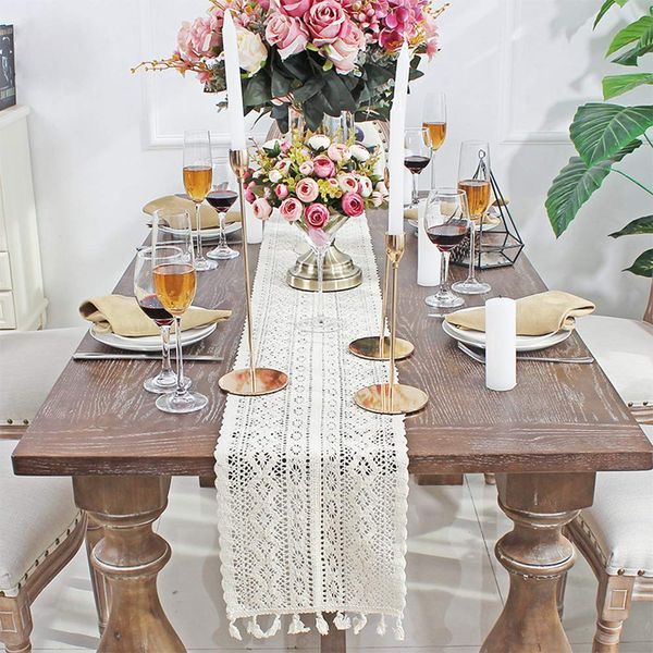 DÉCOCO 9.5" x 71" Beige Macrame Table Runner Rectangular Crochet Lace Elegant Hollow Mesh Tablecloth for Rustic Boho Wedding Decor Bridal & Baby Show