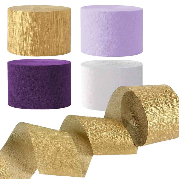 AIM & GGKK Purple Gold and White Party Crepe Paper Streamers 1.8 Inch Widening 8 Rolls Party Streamer Festival Party Decorations,a roll of 25m/82ft Per Volume for Purple Gold Party