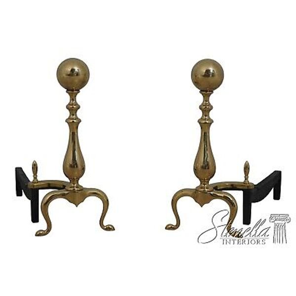 F64475EC: Pair BENNETT Brass Cannonball Fireplace Andirons