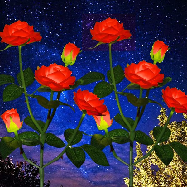 Outdoor Realistic Solar Powered Rose Flower Lights Stake,2 Pack 10 Rose Solar Garden Decorative Waterproof Lights for Backyard Patio Pathway Xmas Decoration-Red